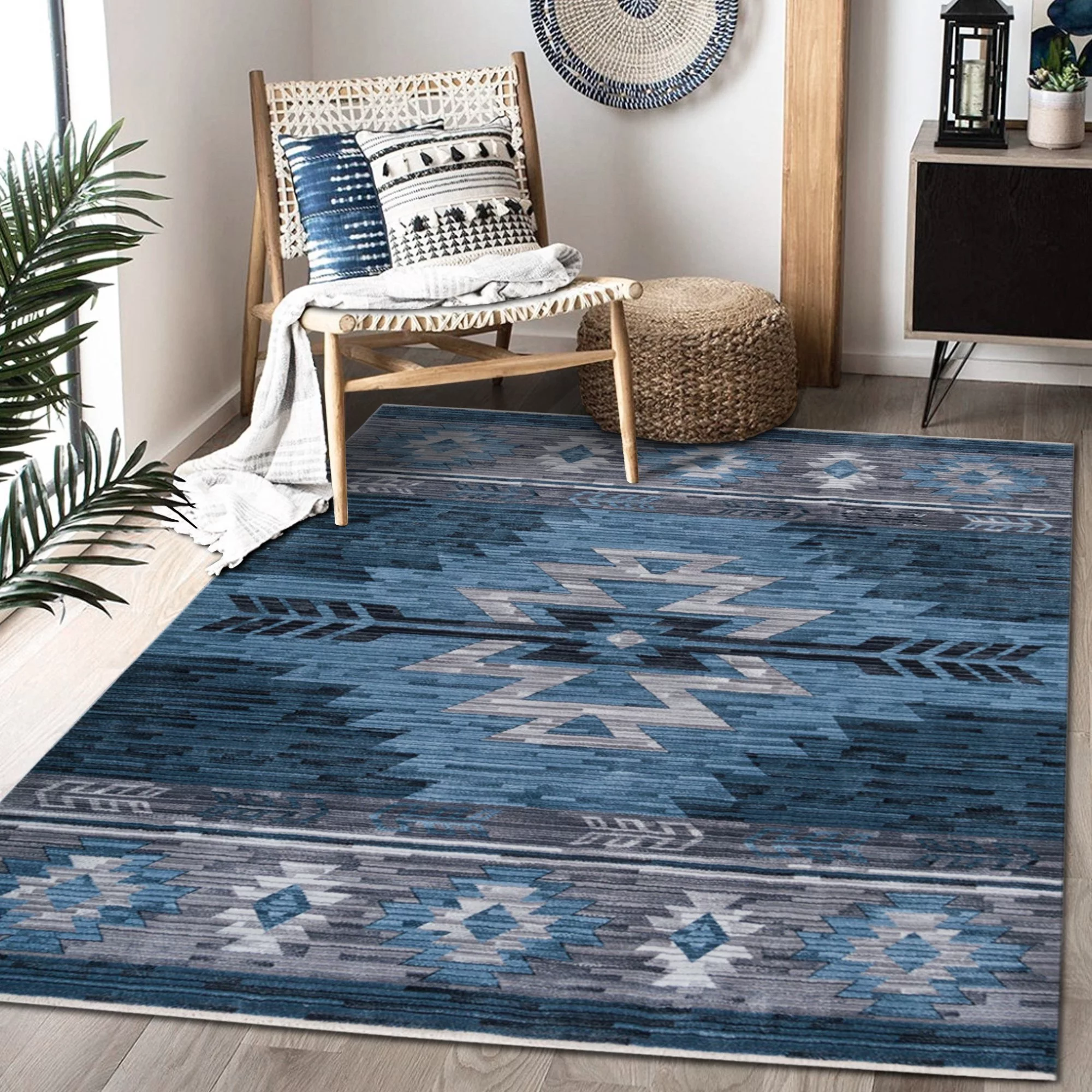 HR- Livingroom Rug 5x7 Modern Faded Floorcover Area Rugs Navy Blue Gray Silver Color