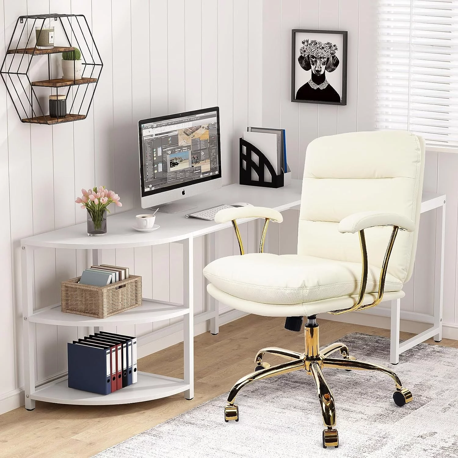 Office Chair Desk Chairs with Wheels and Arms, Leather Computer Chair for Home Bedroom Office, Chair Gold Caster  up to 300lb