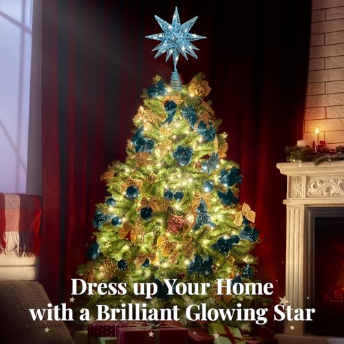 Lewondr Christmas Tree Topper, Plug in 3D Starburst Xmas Lighted Star Tree Topper, Remote Control & Timer Light Up Vintage Moravian Tree Topper for Christmas Decoraiton, Warm Light, Champagne Gold