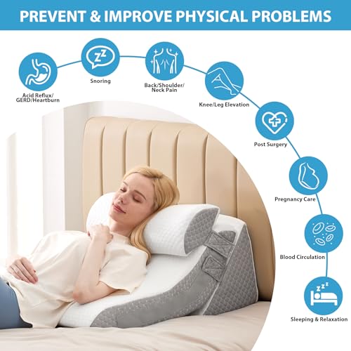 Bed Wedge Pillow for Sleeping, 9 & 12 Inch Adjustable Wedge Pillow for Back Pain Relief, 7-in-1 Memory Foam Triangle Pillow Wedge for Post Surgery, Acid Reflux, GERD, Snoring, White/Grey