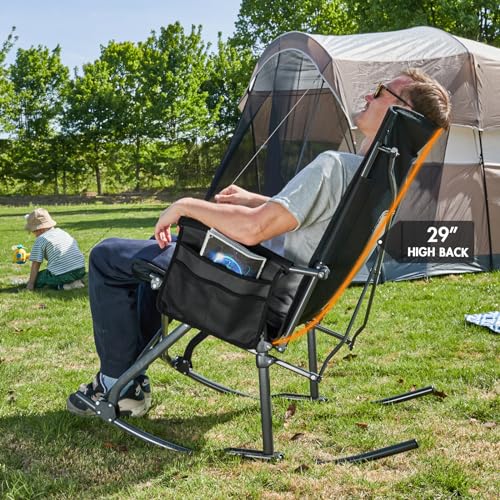 PORTAL Oversized Folding Rocking Camping Chair Portable Outdoor Rocker with High Back Hard Armrests Carry Bag, Supports 400 lbs, Mesh Back