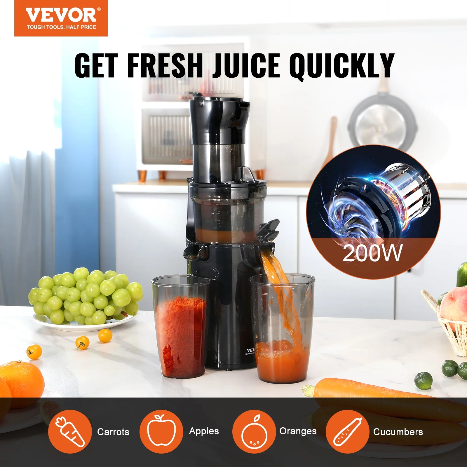 BENTISM Masticating Slow Juicer Electric Cold Press Squeezer Vegetables and Fruits