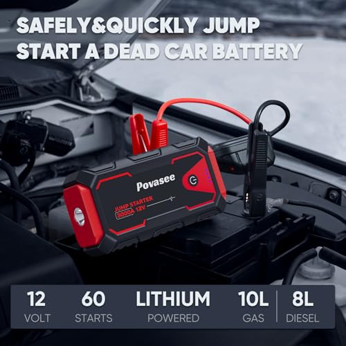 3000A Peak Jump Starter Pack, 12V Jump Box for Car Battery up to 10L Gas or 8L Diesel Engine Battery Jump Starter with Power Bank/Dual Output/LED Light