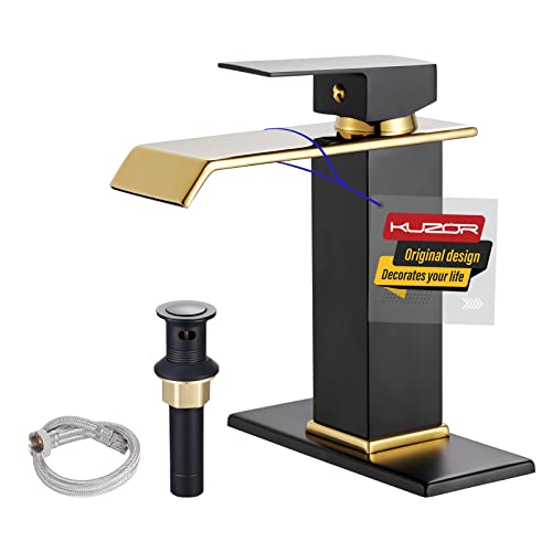 ​​KUZOR Black and Gold Tall Waterfall Vessel/Bowl Sink Faucet – Single Hole 304 Stainless Steel Bathroom Faucet with Metal Pop-Up Drain, High Arc Spout for Modern Vanities​