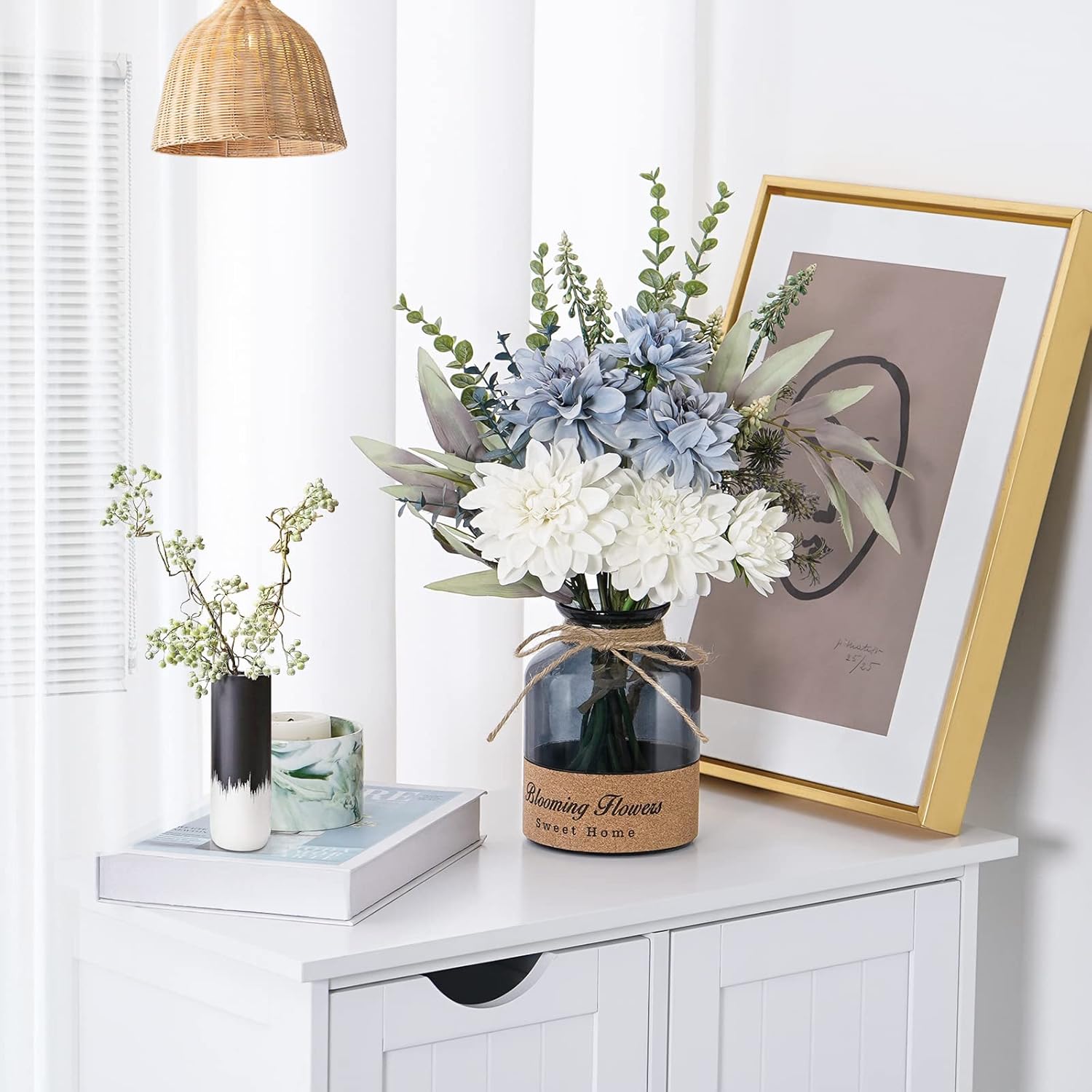 Houele Fake Flowers Artificial Blue White Dahlia Flowers with Glass Vase Faux Silk Flower Arrangements Boho Flower Decor for Farmhouse Dining Table Centerpieces Home Office Decor