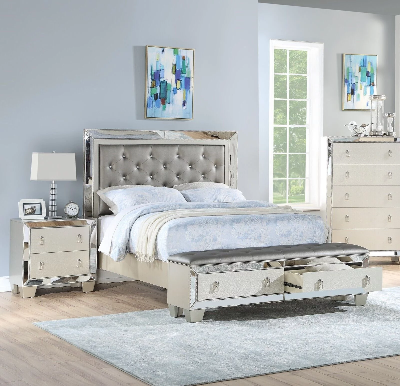 Traditional Elegant Gorgeous 3pc bedroom Set Est King Size Bed 2x Nightstands Silver Tufted Headboard Footboard w Drawers Bench