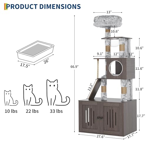 Cat Tree with Litter Box Enclosure, 2-in-1 Cat Tower, 66.9-Inch Tall Cat Condo with Scratching Posts, Perch (Grey)