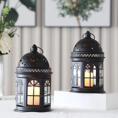 JHY DESIGN Set of 2 Decorative Lanterns-8.5inch High Vintage Style Hanging Lantern Metal Candle Holder for Indoor Outdoor Events Parities and Weddings (Black)