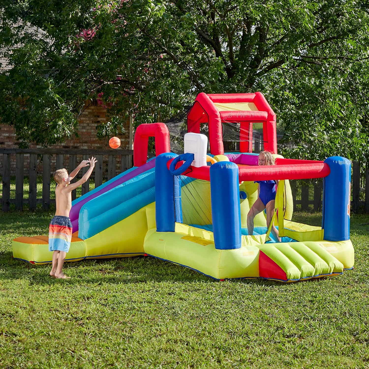 Banzai Climb ’N’ Bounce Bounce House with Slides, Basketball Hoops, Soccer Ball, and Blower