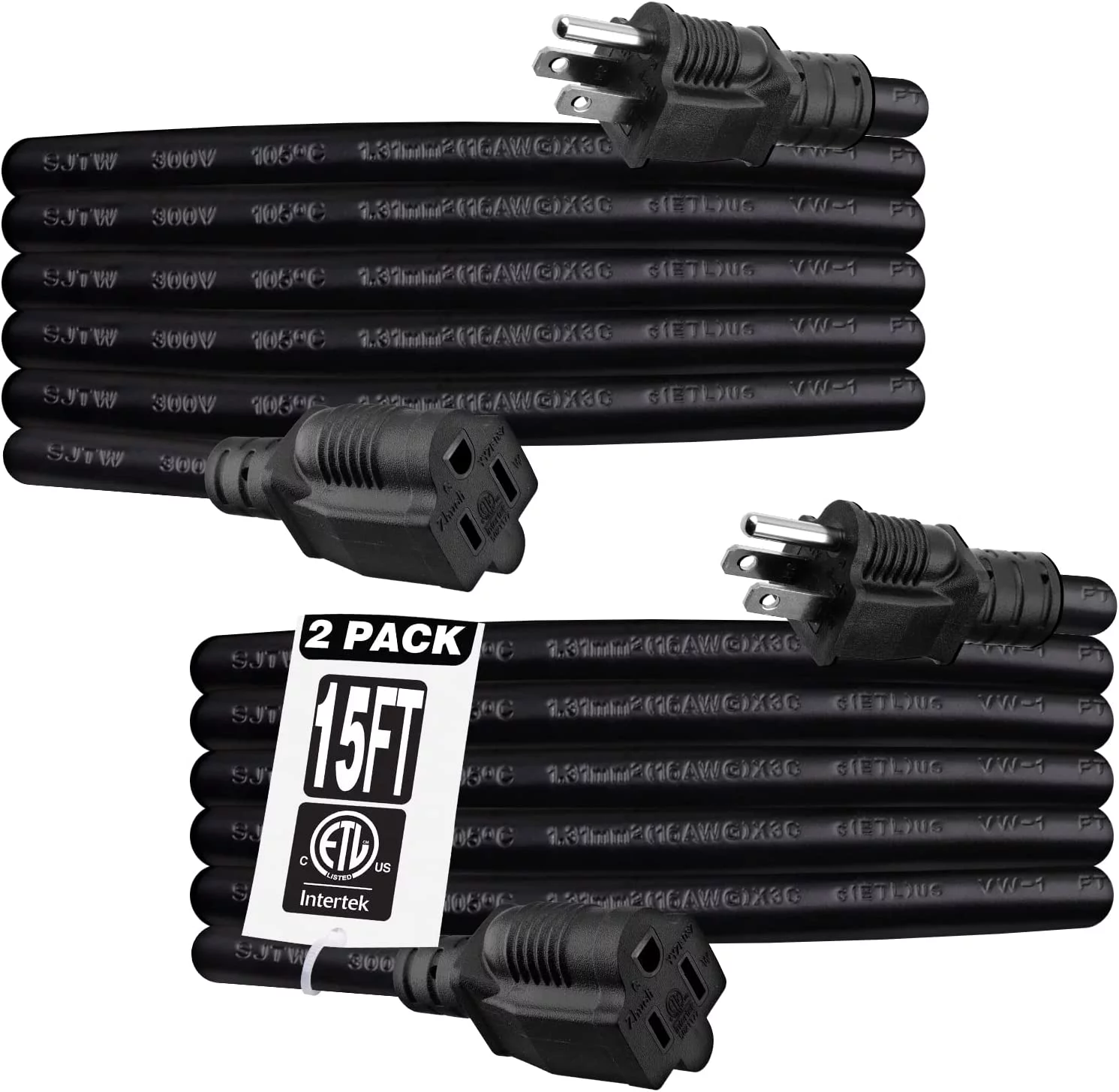 Kasonic 15 Feet Power Extension Cord Outlet, ETL Listed, SJTW 16AWG/13A 3 Prong Extension Cords, Indoor/Outdoor Use, 2 Pack