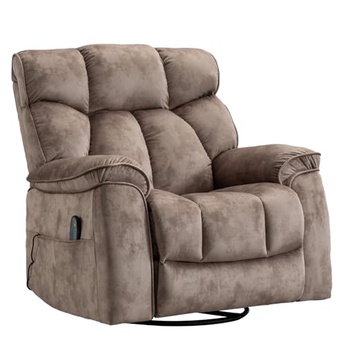 INZOY Massage Swivel Rocker Recliner with Heat and Vibration, Manual Rocking Recliner Chair with Vibrating Massage, Comfy Padded Overstuffed Soft Fabric Heated Recliner, Brown