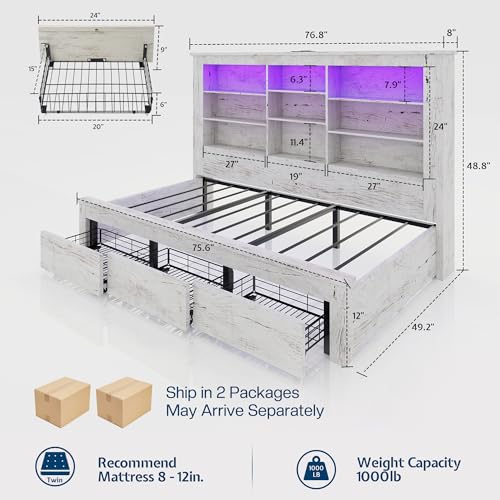 Jocisland Twin Daybed with Bookcase Headboard, USB-C Charging, RGB Lights & 3 Drawers, No Box Spring Needed, Wood Bed Frame for Teens, Dorms, Guest Room, Rustic Oak