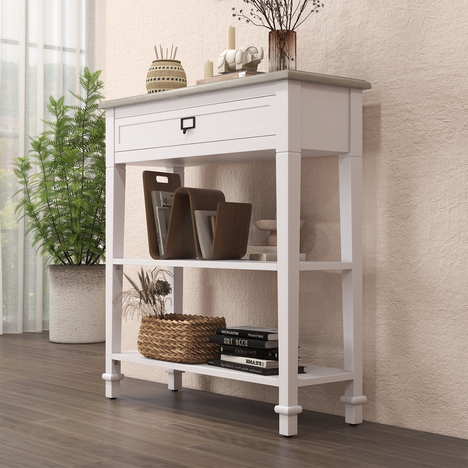 Kinbor Accent Console Table with Drawer and Storage Shelf, Wood Sofa Table for Entryway Hallway, White