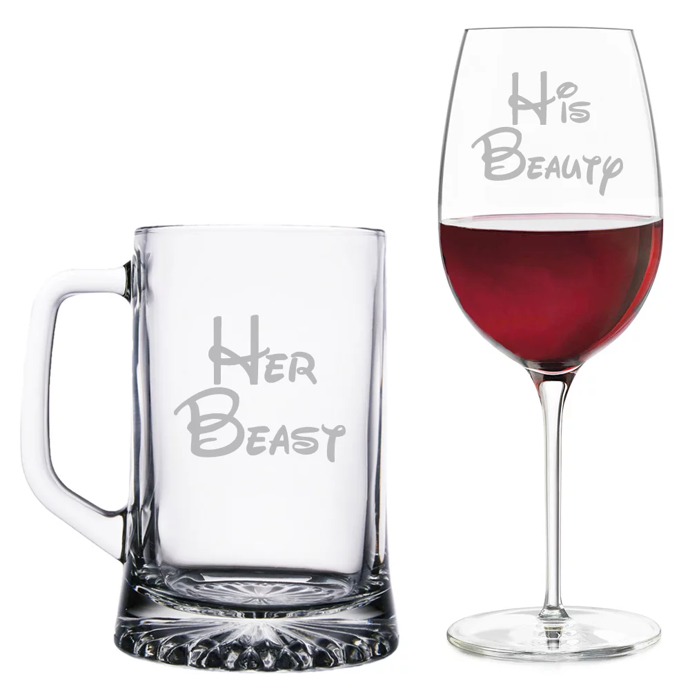 Her Beast Beer Mug and His Beauty Wine Glass Set