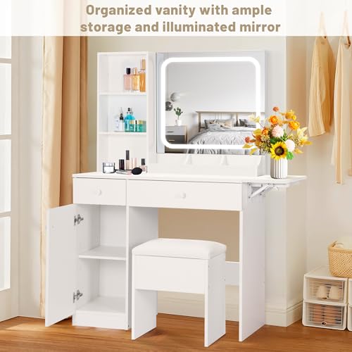 Vanity Desk with Mirror and LED Lights, Makeup Vanity Table with Charging Station, Storage Drawers, Shelves, Adjustable Cabinet & Stool, Perfect for Bedroom or Dressing Room, White