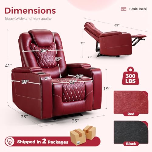 ANJ Power Recliner Chair with USB Ports and Cup Holders - Overstuffed Electric Home Theater Seating PU Leather Reclining Furniture with Hidden Arm Storage, Easy to Clean (Red)