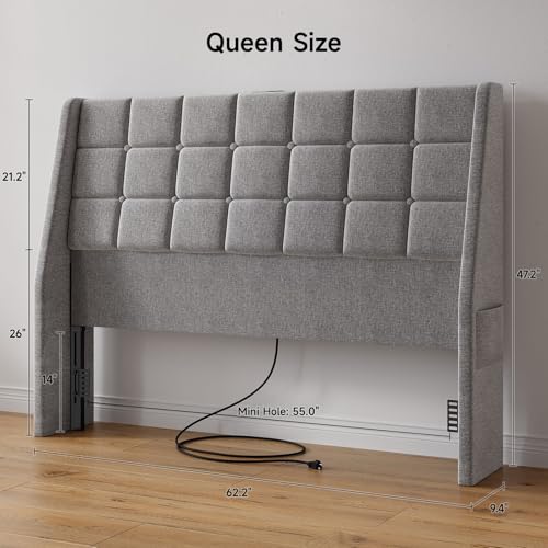 Ergonomic Upholstered Headboard Queen Size w/Charging Station, Linen Wingback Headboards w/Storage Pocket, Queen Headboard Only, Bed Frame Adapters, Sturdy Stable Solid Wood Bed Head Board, Light Grey