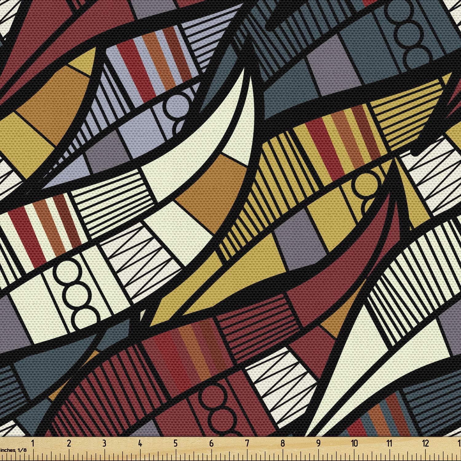 Ambesonne African Fabric by The Yard, Diagonal Abstract Leaves with Circles Chevrons Lines Traditional Cultural Heritage, Decorative Fabric for Upholstery and Home Accents, Ruby Grey