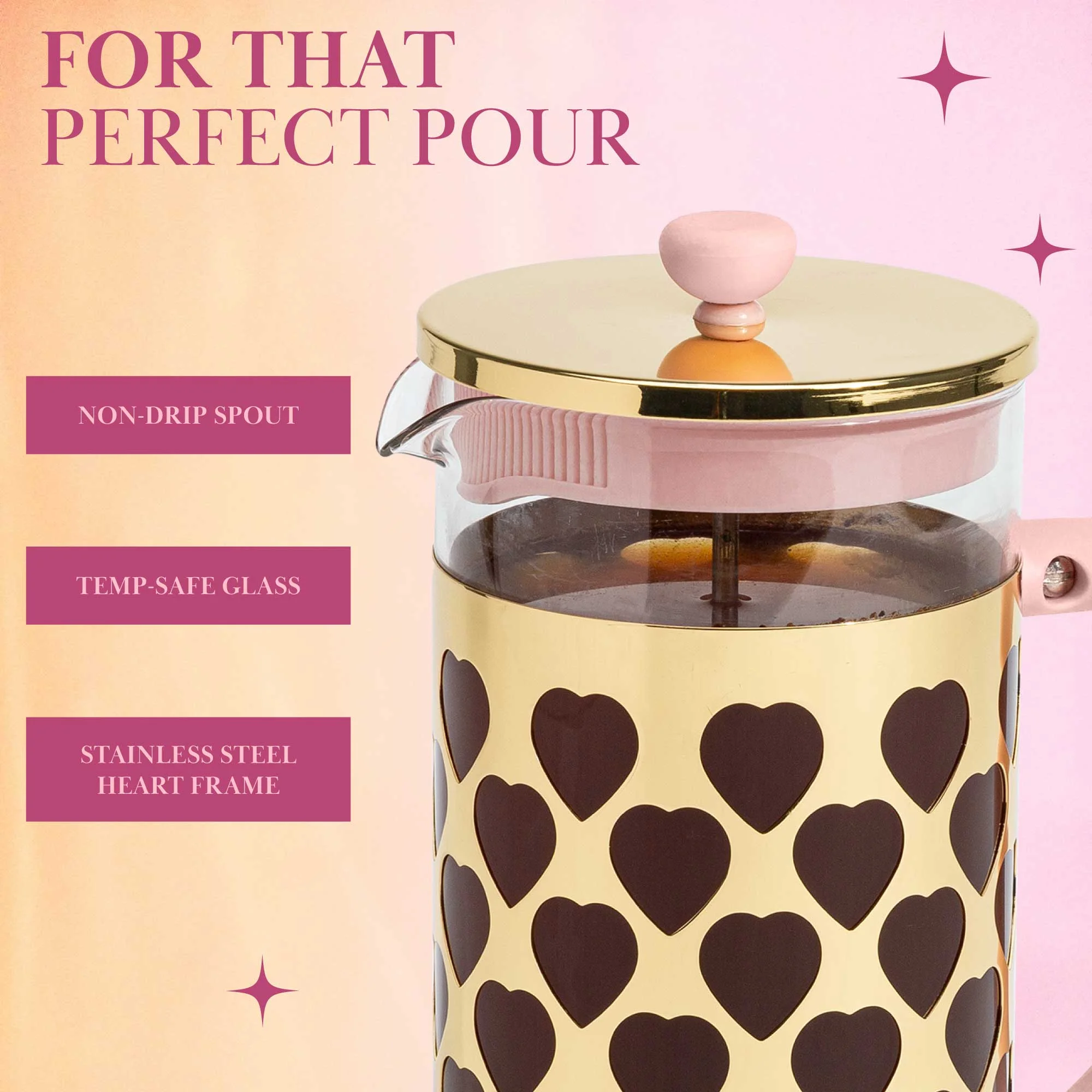 Paris Hilton French Press Coffee Maker with Heart Shaped Measuring Scoop, 34 Ounce, Pink