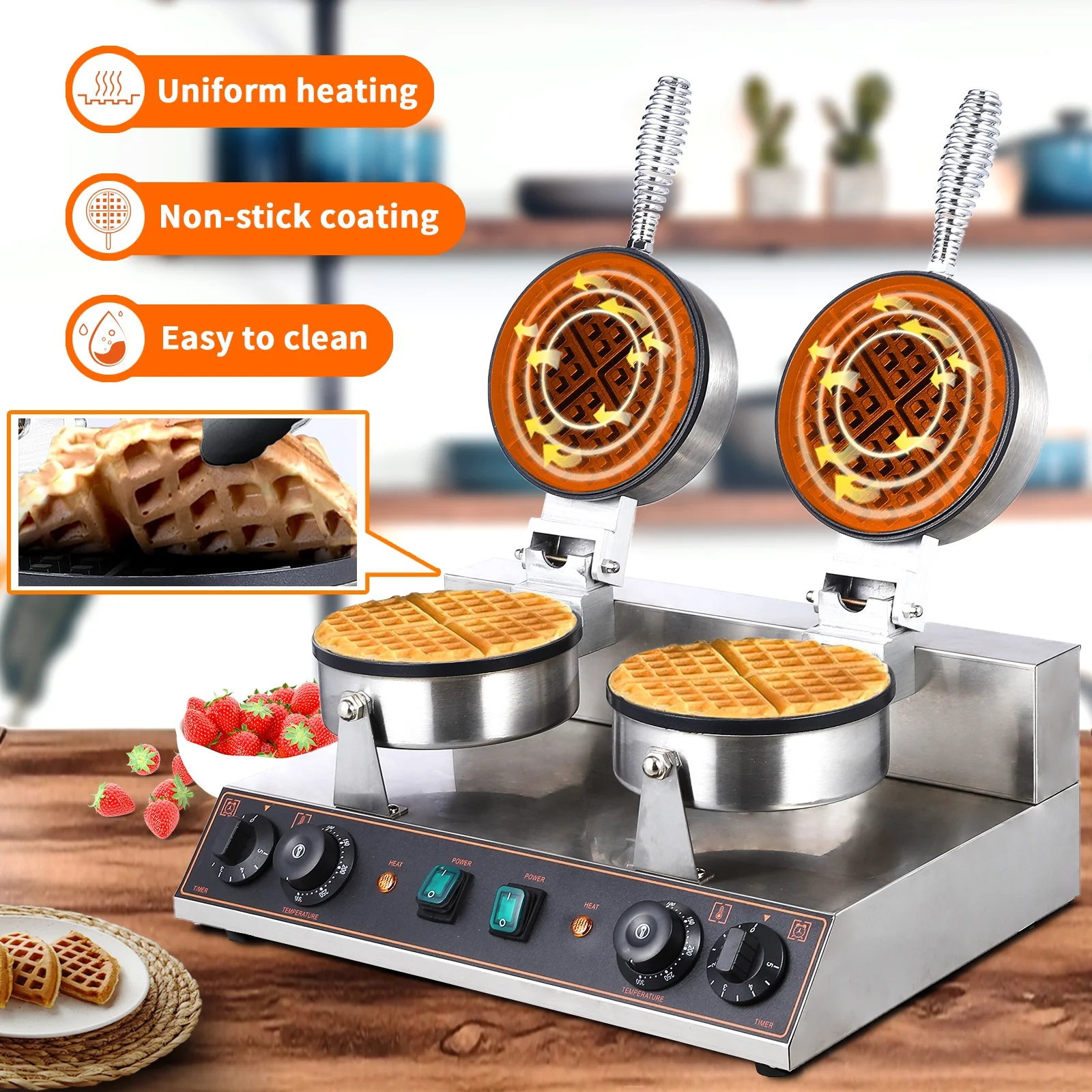 Tropow Stainless Steel Double-Ended Waffle Maker With Double-Ended Snap Lid And Non-Stick Pan To Make Up To 8 Waffles At A Time, Easy-To-Clean Detachable Drip Tray To Save Space