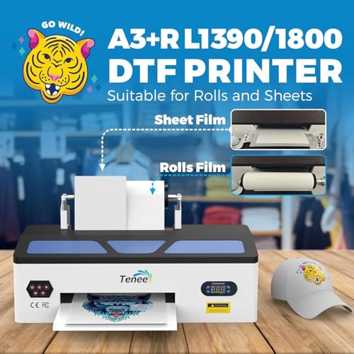 A3 DTF Printer with Roll Feeder - High Transfer Rate Transfer Printer for Faster DTF Printing on Dark and Light Fabrics. Includes Software, Powder, 5 x 250ml Ink, and 1 x Roll of Film