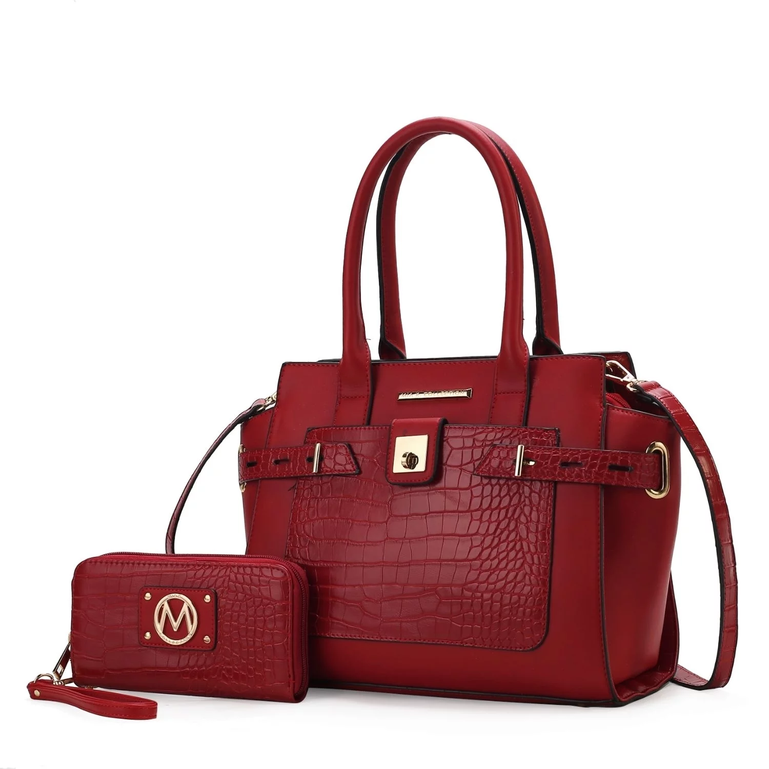 Isla Crocodile Embossed Vegan Leather Womens Satchel Bag  with wallet -2 pieces