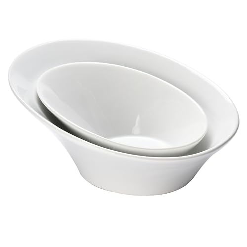 Bruntmor Ceramic Porcelain Salad Bowls - Angled Bowls Ceramic for Salad, Noodle, Pasta, Cereal, Soup - Kitchen Bowl, Ideal for Home and Restaurant - 8.3'' & 6'' - Set of 2 - White