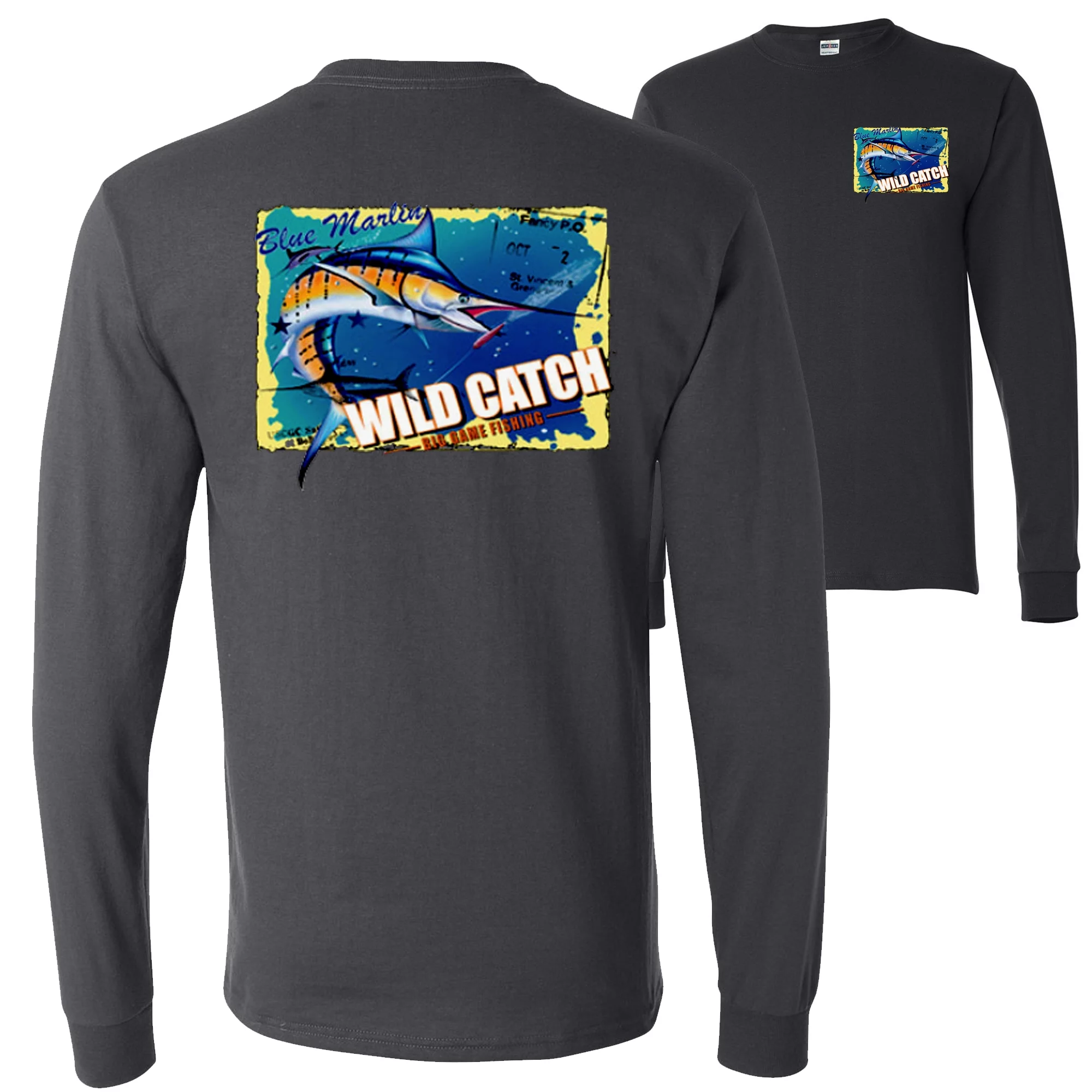 Blue Marlin Wild Catch Fishing Lovers FRONT AND BACK Mens Long Sleeves, Charcoal, 2XL
