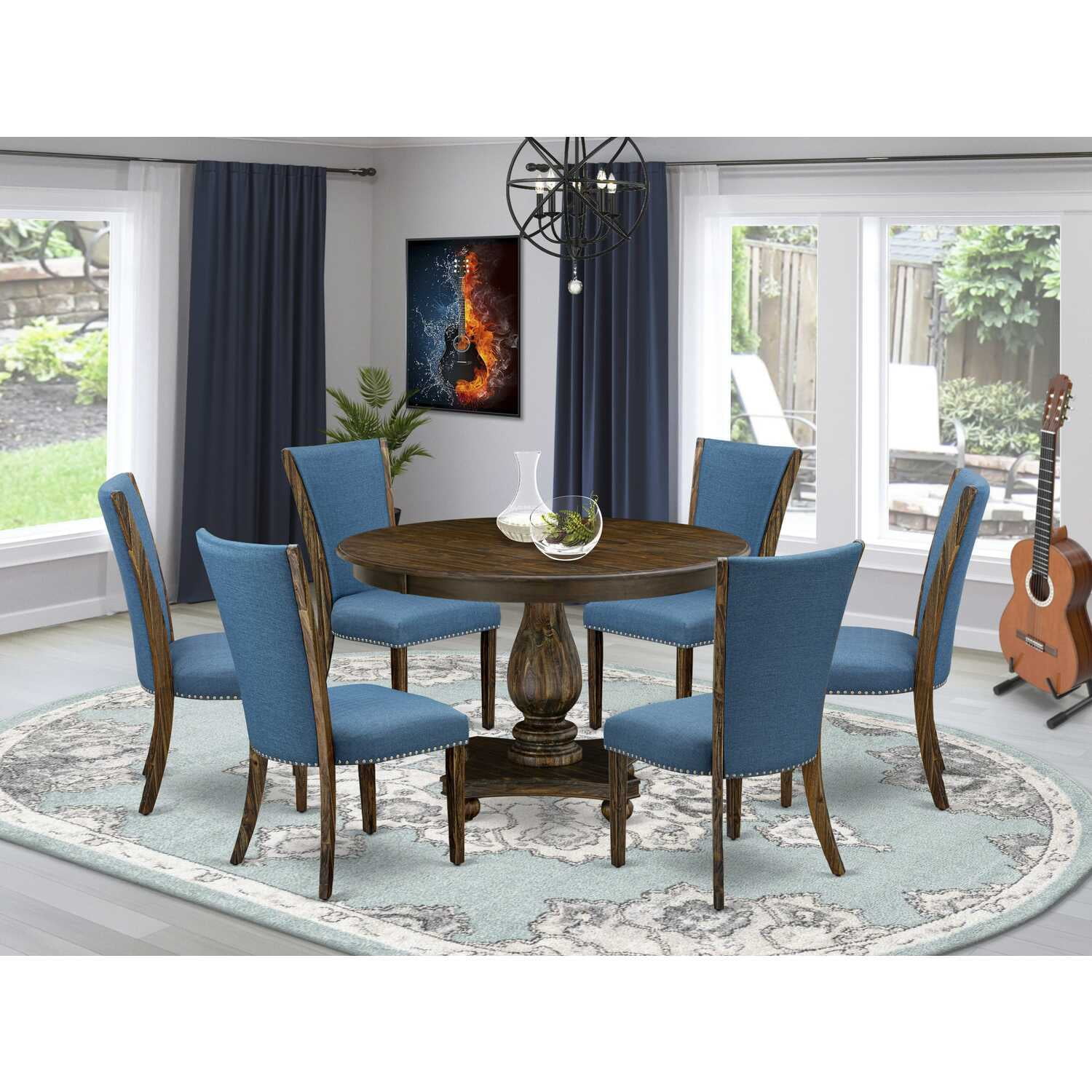HomeStock Tribal Treasures 7Pc Kitchen Table Set Pedestal Dining Table And 6 Blue Color Parson Kitchen Chairs With High Back Distressed Jacobean Finish