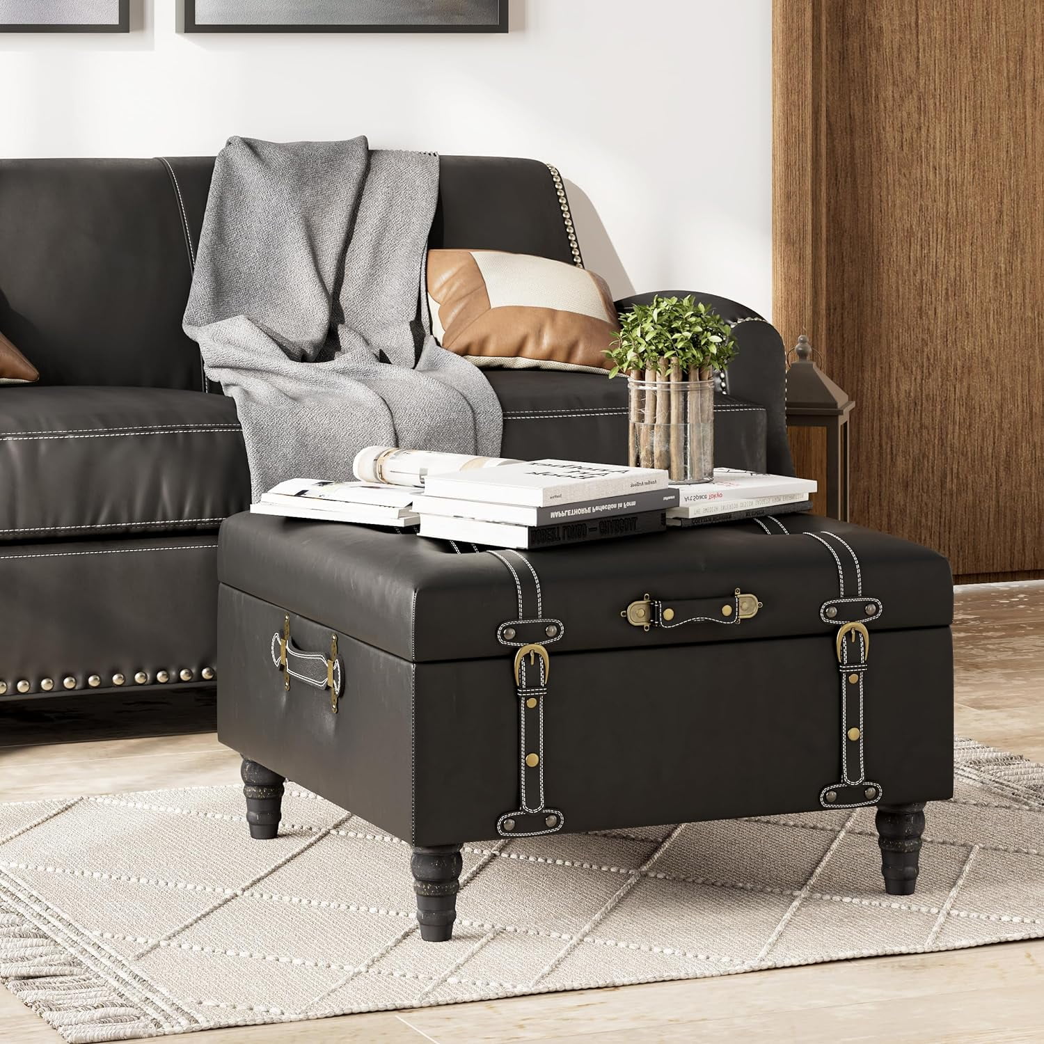 Ottoman 28 Inch Upholstered Black Coffee Table with  Faux Leather Ottoman for Living Room  Bedroom