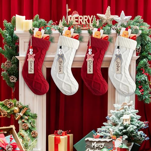 Personalized Christmas Stockings - 18 Inches Hanging Stockings with DIY Snowman Name Tags, 4 Pack Large Size Knitted Stockings for Mantels, Christmas Tree Family Holiday Decor, Red and White