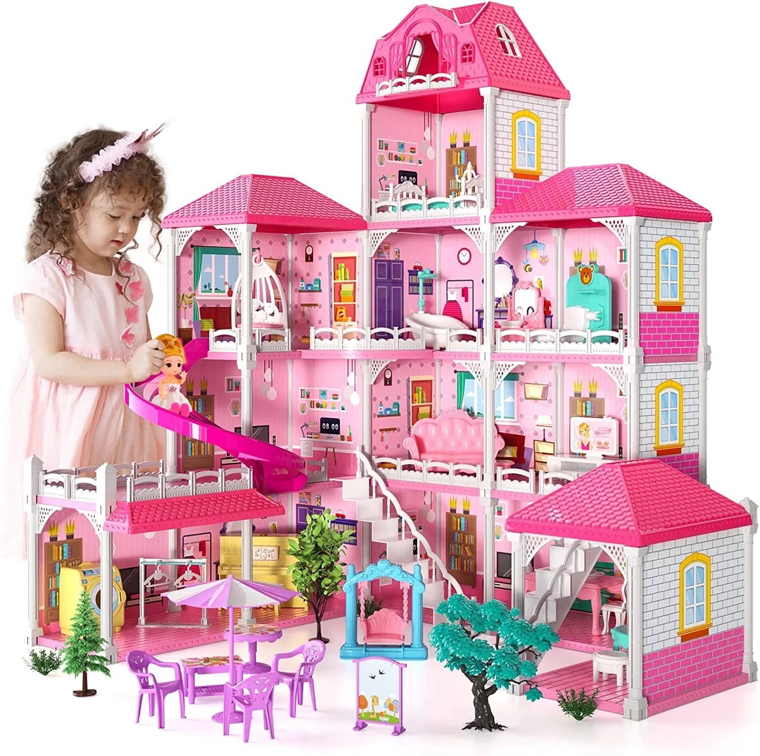 Beefunni Dollhouse for Girls,4 Stories 12 Rooms Dollhouse with 2 Princesses Slide Accessories,Toddler Playhouse Gift for for 3 -6 Year Old Girls Toys