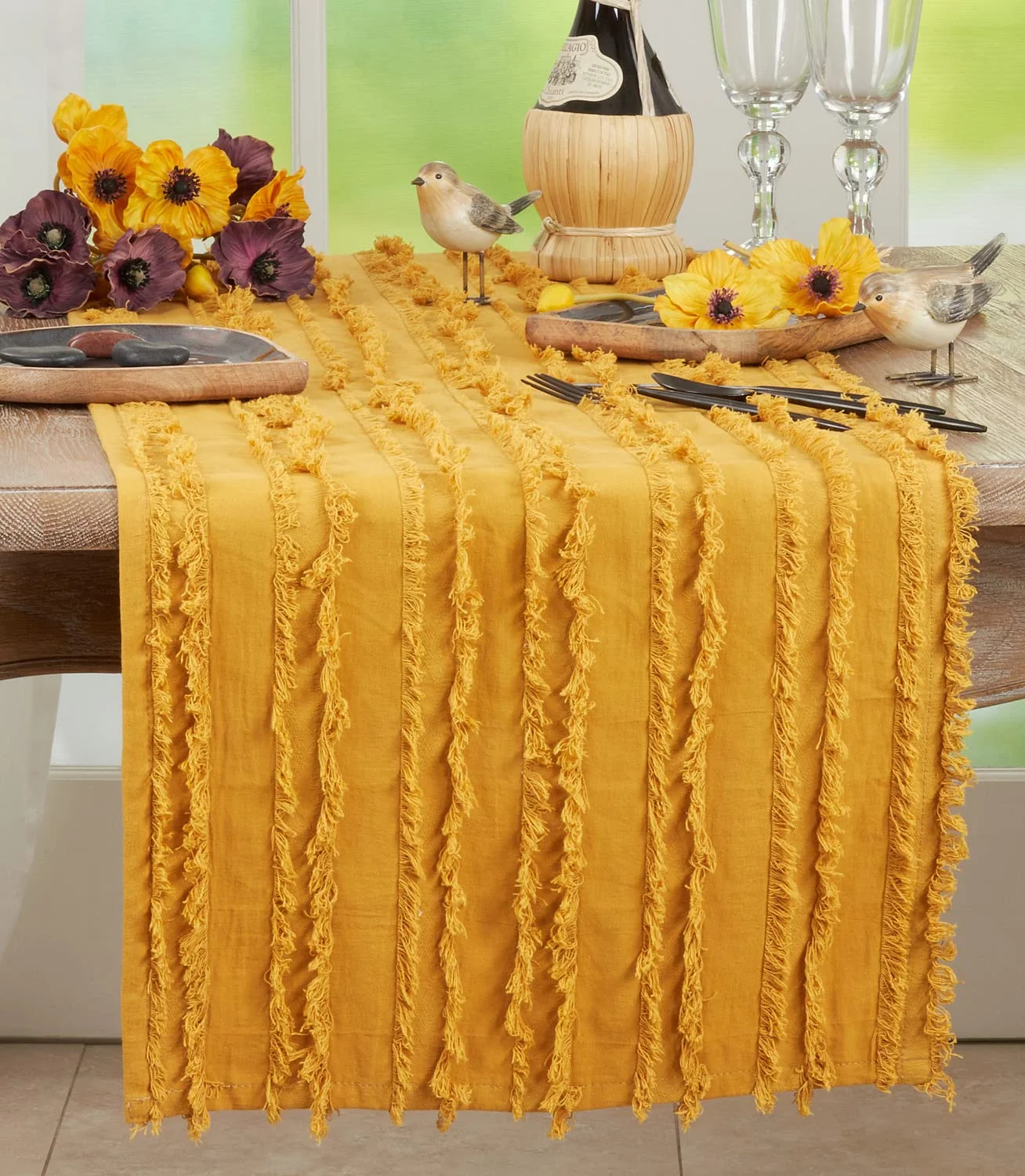 Fennco Styles Modern Fringe Stripe Cotton Table Runner 15"W x 72"L - Mustard Rectangular Table Cover for Home Décor, Dining Table, Banquet, Everyday Use and Special Occasion