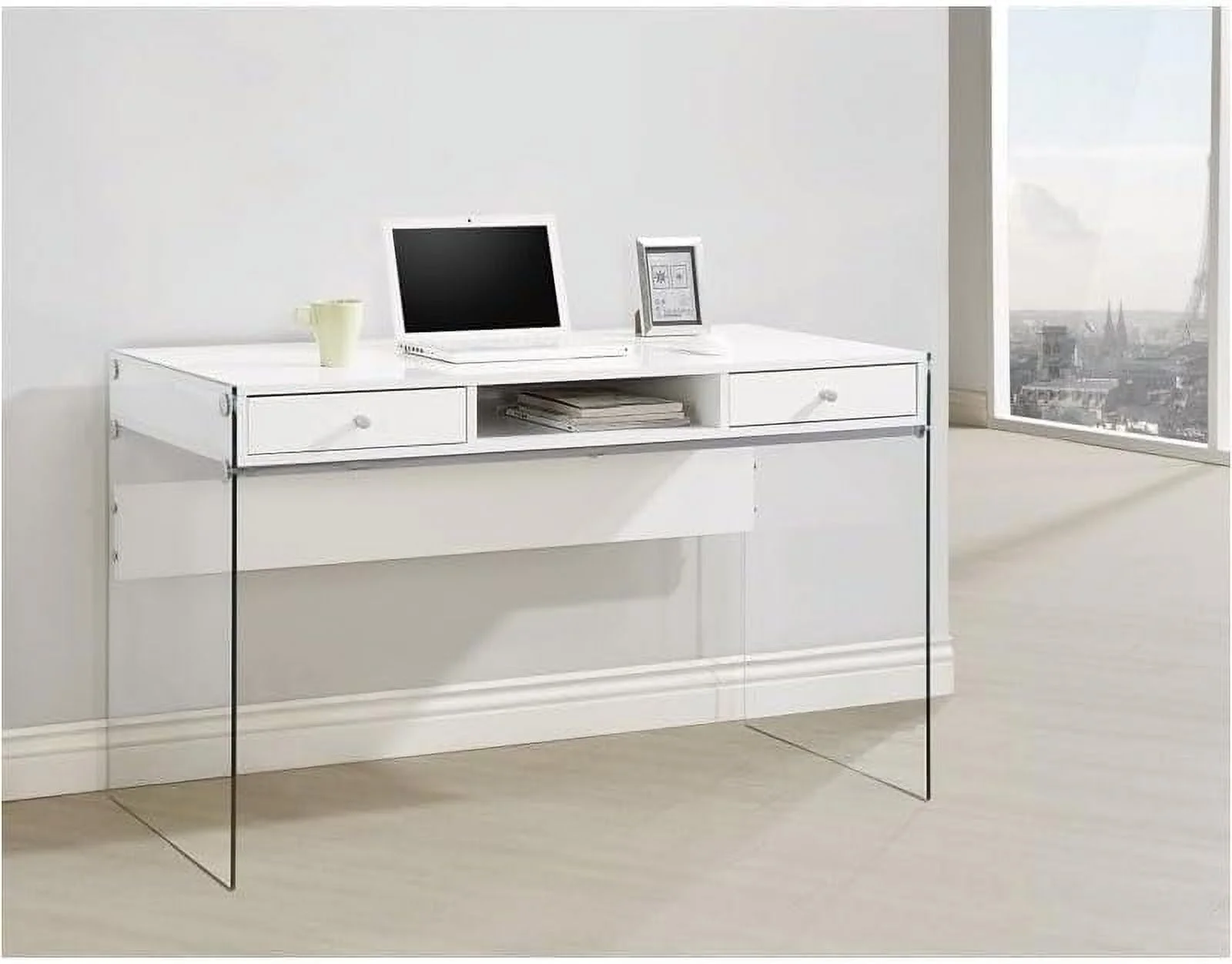 Contemporary 2-Drawer Wood/Glass Writing Desk In Glossy White