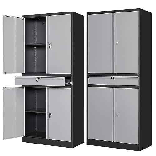 Letaya Metal Garage Storage Cabinet with Drawer,4 Door Tool Cabinet with Lock-2 Adjustable Shelves for Garage Home Office Utility Room (Black)
