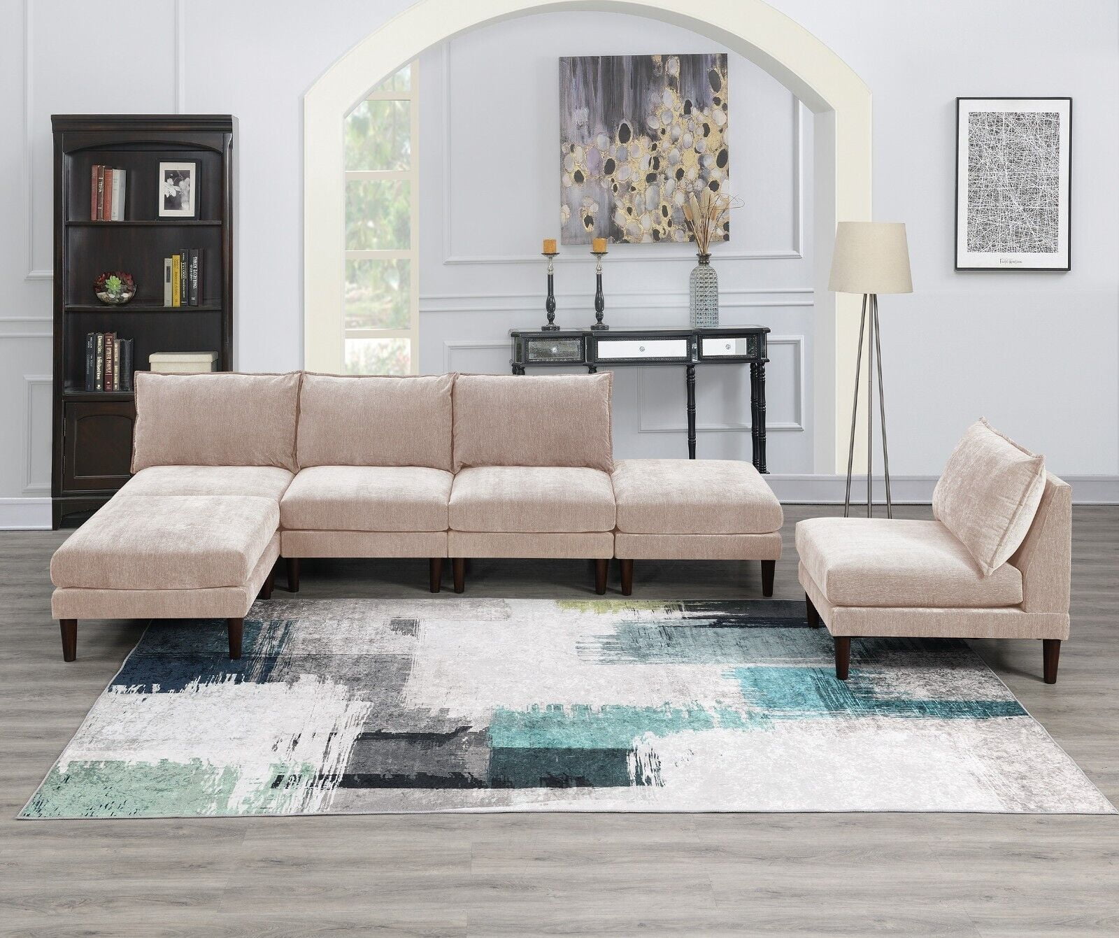 Living Room Classic 6pc Modular Sectional Sofa set 4x Armless Chair 2x Ottoman Blush Morgan Fabric Cushion Couch Furniture