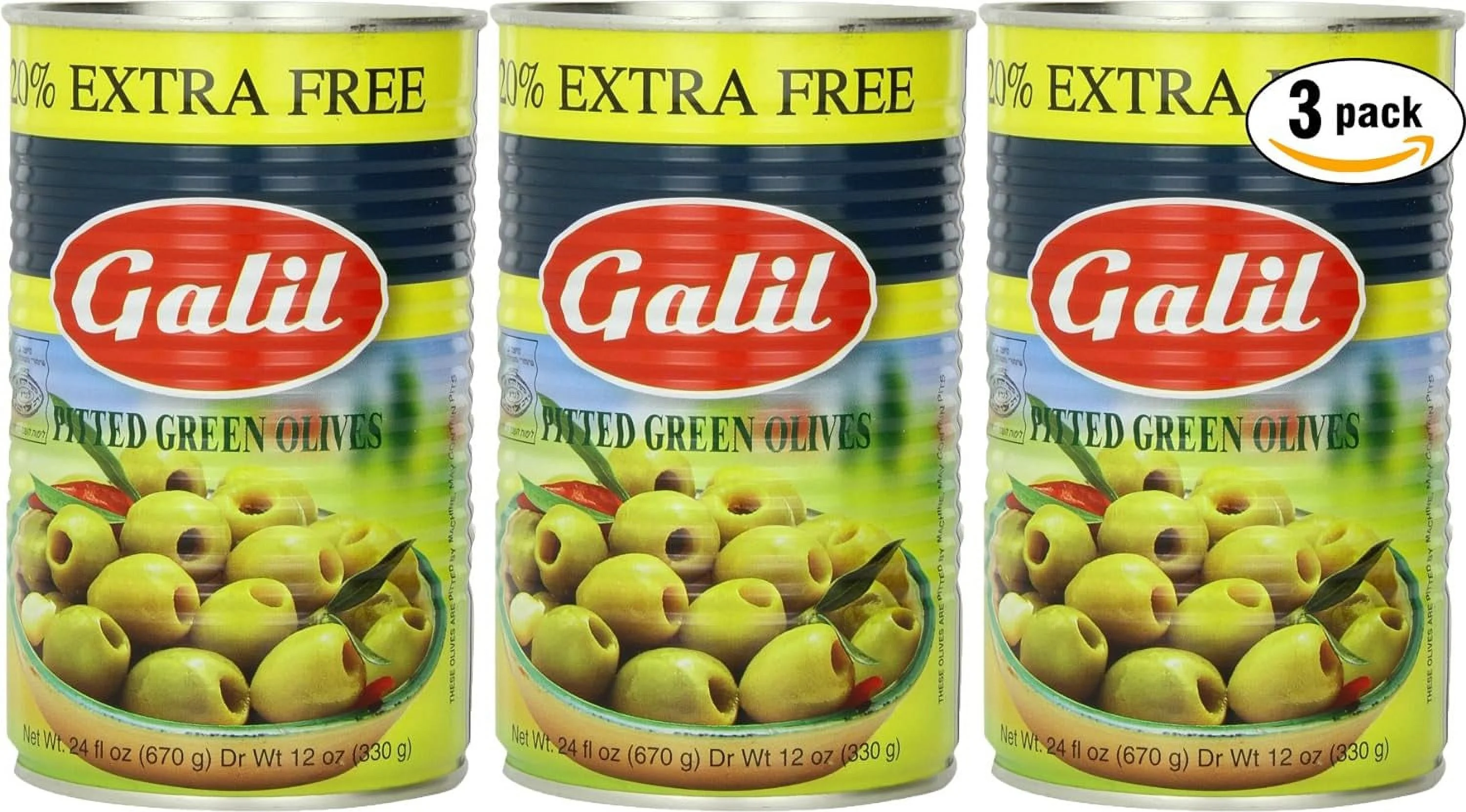 Galil Green Pitted Olive + 20% Extra Value Size, 24-Ounce Cans (3-Pack)