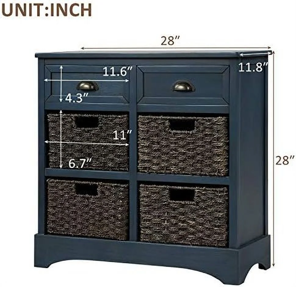 HOOMHIBIU Farmhouse Wicker  Cabinet with 2 Drawers and 4 Baskets  Living Room Bedroom Wooden Chest of Drawers  Fully Assembled  28" W x 11.8" D x 28" H