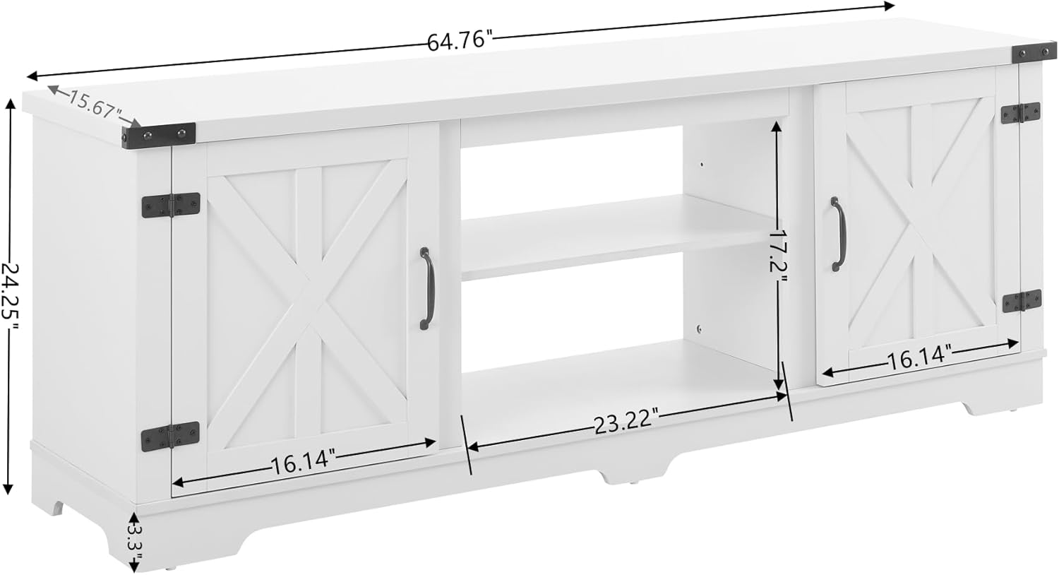Modern Farmhouse TV Media Stand | Large Barn Style Home Entertainment Console for TVs Up to 70 Inches, with Open Shelves and Closed Cabinets, 64.80” L x 15.67” W x 24.29” H - White