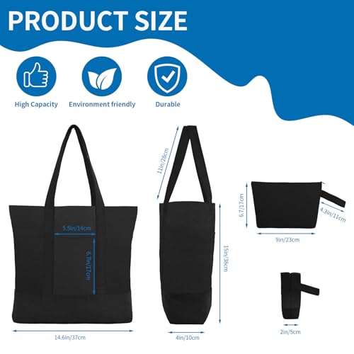 16 Pack Canvas Tote Bags Bulk and Makeup Pouches Set, 12oz Cotton Reusable Zippered Grocery Bags with Handles, DIY Sublimation, Halloween Craft, Beach & Travel with External Pocket (Women & Men)