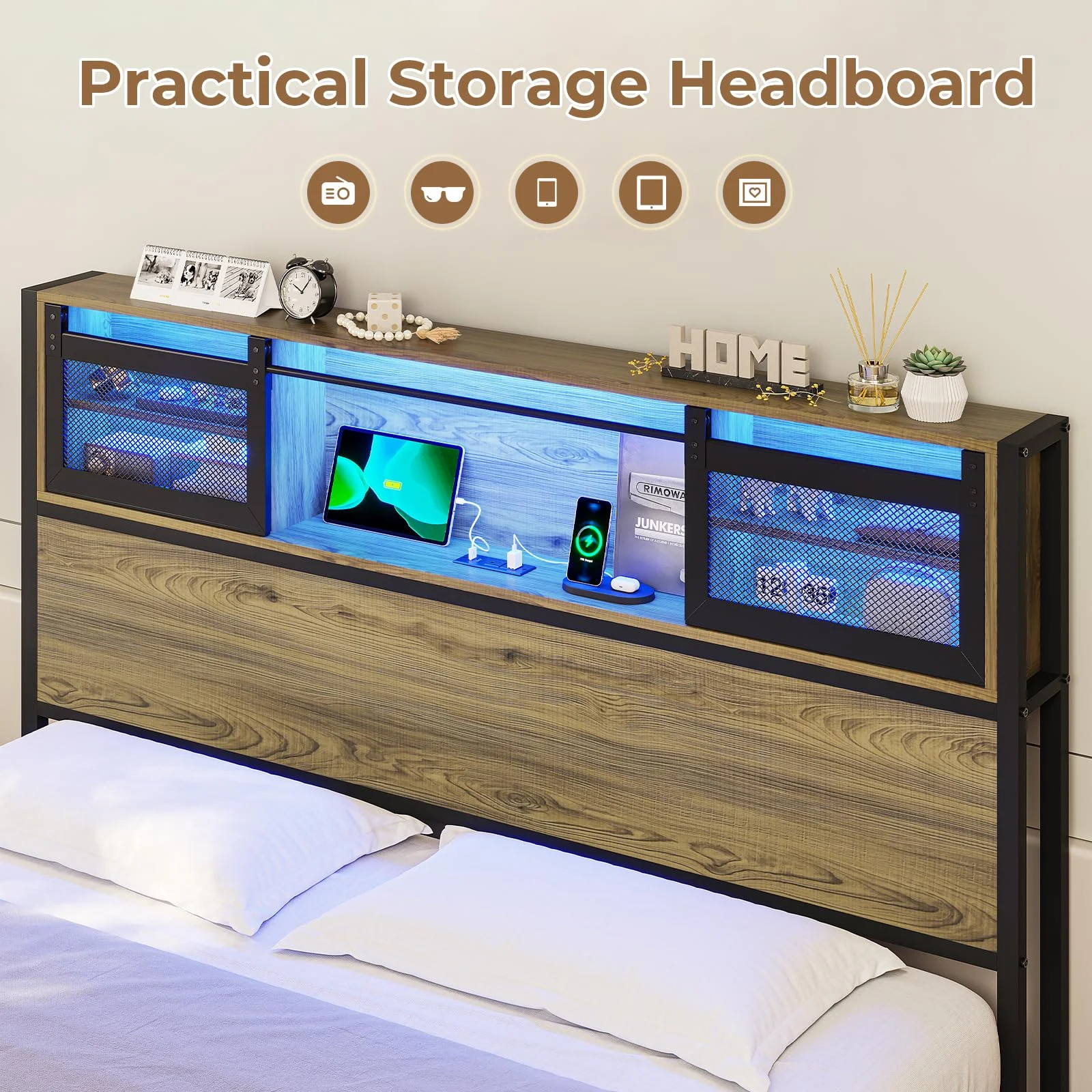 Full Size Metal Platform Bed Frame with 4 Storage Drawers and Charging Station, LED Bed Frame with Storage Headboard, Oak Grey