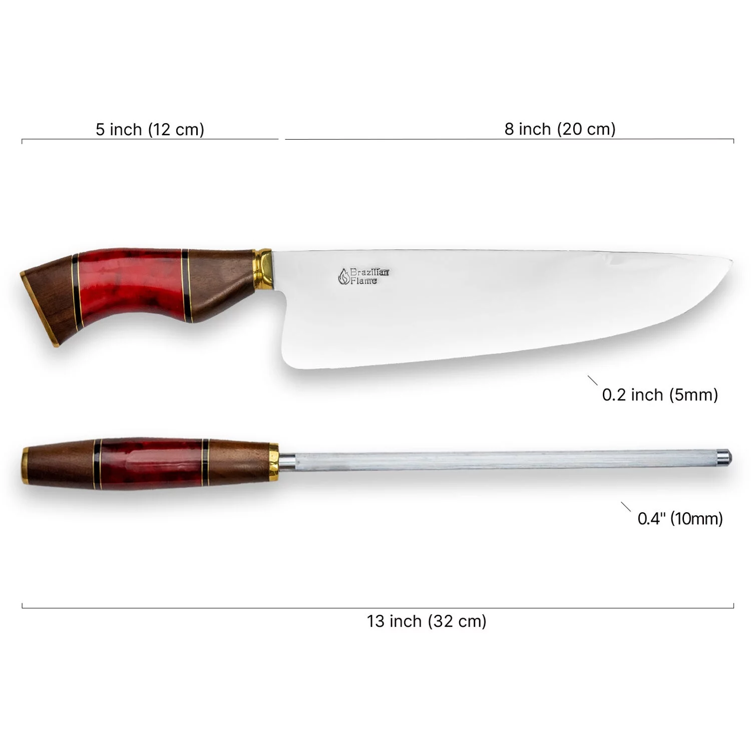 Brazilian Flame Chef Picanha 10-inch Stainless Steel Knife Set with Sharpener in Red