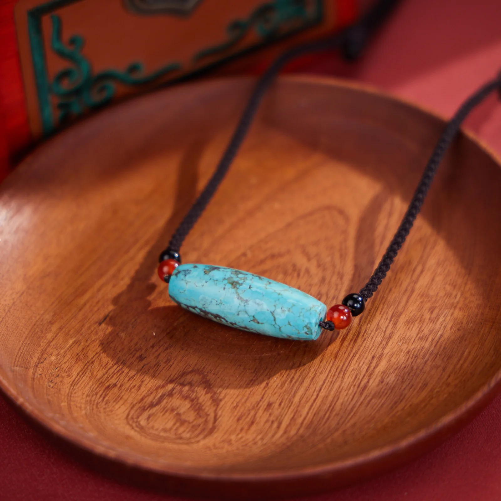 Turquoise Barrel Bead with Eternal Knot Tibetan Necklace