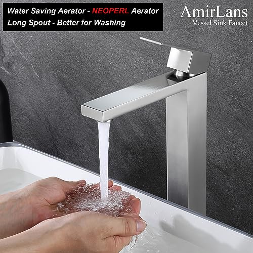 Brushed Gold Vessel Sink Faucet - Tall Single Hole Bathroom Faucet with Pop Up Drain, AML-11411-BG