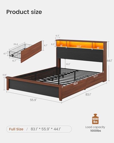 VIAGDO Wood Bed Frame Full Size with 4 Storage Drawers and Charging Station, Fluted Led Full Bed Frame with 2 Tier Storage Headboard, No Box Spring Needed,Wood