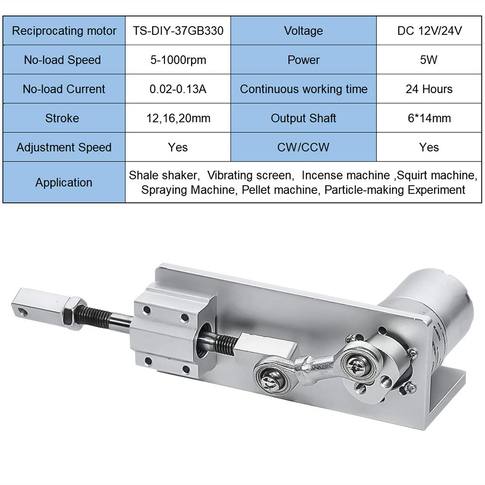 300RPM DIY Reciprocating Cycle Linear Actuator Stroke Kits with Gear Motor & Switching Power Supply & Speed Controller, Adjustable Stroke 12/16/20mm, 24V Adjustable Telescopic, for DIY Design