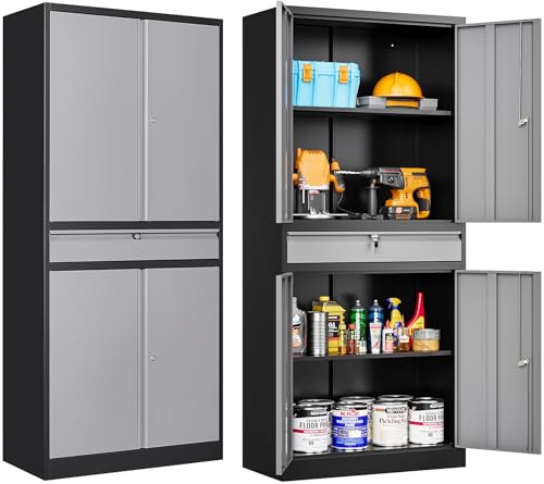 SISESOL Metal Storage Cabinet with Wheels,75 inch Tall Rolling Garage Storage Cabinet with Lock,Black Metal Cabinets with Wheels and Shelves,Deep Heavy Duty Tool Locker for Garage,Home,Office,Shop