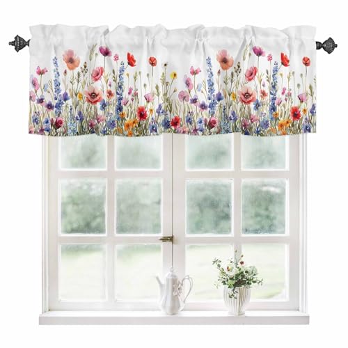 Spring Valance for Windows Kitchen Living Room Valances Rod Pocket Bathroom Small Window Treatment Floral Wild Flower 1 Panel, 42 x 12 Inch