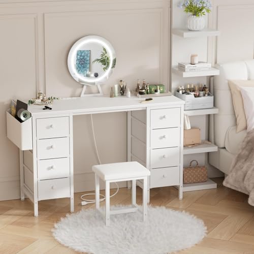 White Vanity Desk with Mirror and Light- Makeup Vanity Set Table with Chair, Storage, Lighted Mirror, 8 Large Fabric Drawers & Power Outlet, Dressing Table Vanities for Girls Bedroom