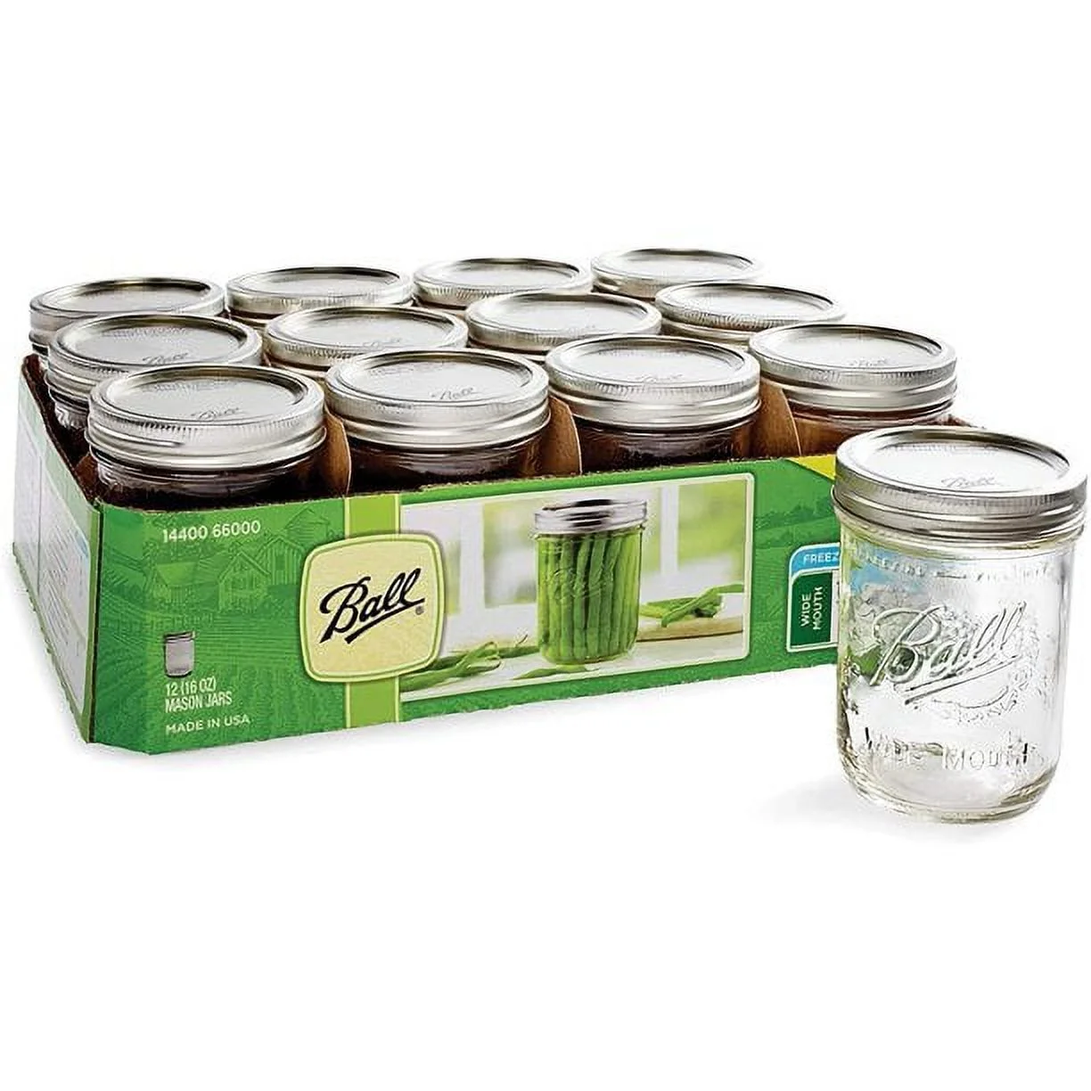 Ball Wide Mouth Pint 16-Ounce Glass Mason Jar with Lids and Bands, 12-Count